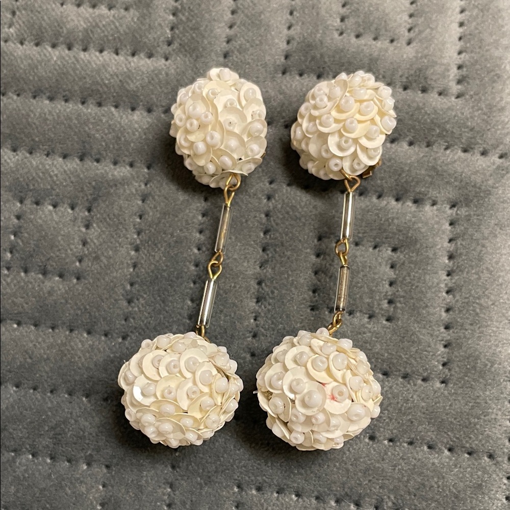 Vintage White Sequin beaded Drop clip on Earrings